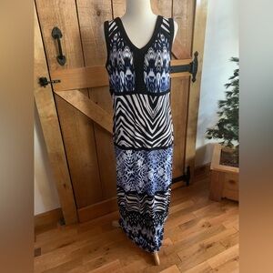 Women’s CHICO Boho Sleeveless Blue & Black Maxi Dress Size 1 (8/10)